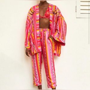 Farm Rio Lucy Stripes SET Macaw Kimono (w/belt) & Drawstring Pant XS